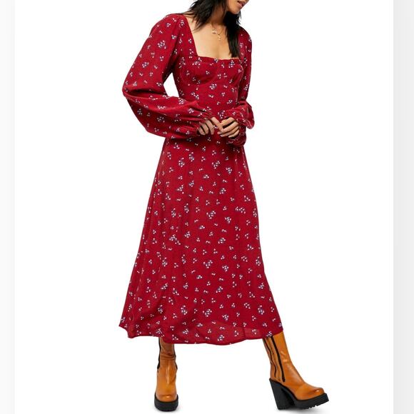 FREE PEOPLE Red Midi IRIS Dress Smocked Square Neck Puff Sleeve Cottagecore S - Picture 11 of 12